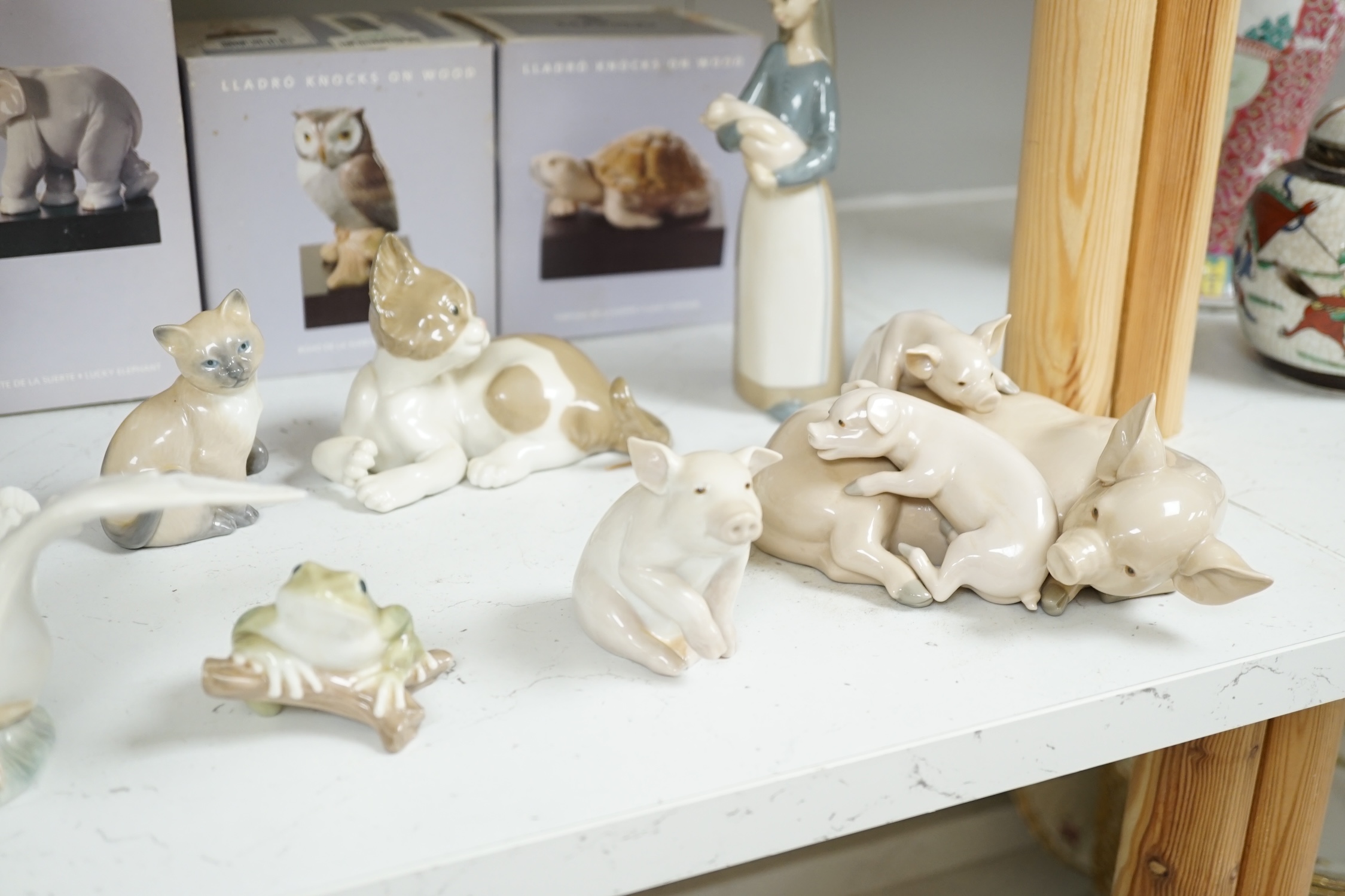 Fourteen Lladro models to include nine various animals and five birds (all boxed), largest 29cm high. Condition - good